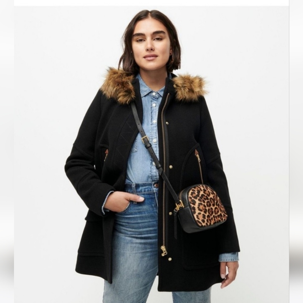 J‎ Crew Chateau Black Wool Stadium Cloth Parka Fur Hood Coat